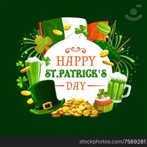 Patricks day round frame with Irish holiday symbols. Vector Ireland flag, gold coins, green fireworks and shamrock clover, bagpipe and macaroons, cupcake and ale beer, leprechauns hat and cookies. Frame of Patricks day holiday symbols