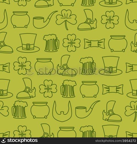 Patricks day seamless background. pattern of an old shoe and mug of ALE. Pot of gold and leprechaun beard. Pipe and tie a butterfly. Ornamnet for national Irish holiday St. Patrick&rsquo;s day&#xA;