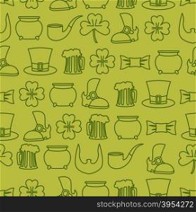 Patricks day seamless background. pattern of an old shoe and mug of ALE. Pot of gold and leprechaun beard. Pipe and tie a butterfly. Ornamnet for national Irish holiday St. Patrick&rsquo;s day&#xA;