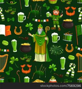 Patricks day seamless vector pattern, Irish holiday Saint Patrick with stick, green shamrock clover, leprechaun drinking beer, smoking pipe, Ireland flag. Bagpipe and harp, beer and snacks, horseshoe. Patricks day seamless pattern, holiday