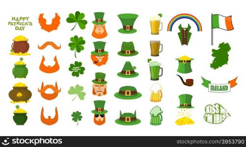 Patricks day. Set of icons. Red Beard and pipe. Leprechaun in Green Hat. Pot of gold. Shamrock and clover. Mug of beer and glass of green ALE. Magic rainbow. Flag and map of Ireland. 17 March&#xA;