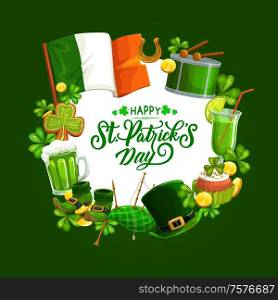 Patricks Irish holiday shamrock, leprechaun hat and gold vector greeting card. Green clover leaves, beer and flag of Ireland, golden coins, horseshoe, bagpipe, celtic elf hat, shoes and drum frame. Green leprechaun hat, Patricks Day shamrock, gold
