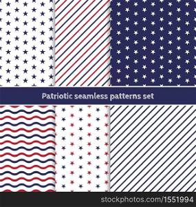 Patriotic American seamless patterns set with stripes and stars in traditional red, blue and white colors. Independence Day 4th July celebration concept. Geometric seamless patterns collection.. Patriotic American seamless patterns set with stripes and stars in traditional red, blue and white colors.