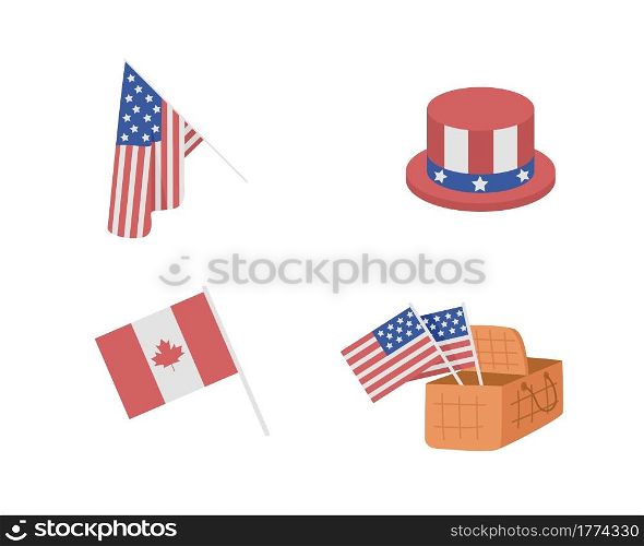 Patriotic attributes for American Independence day semi flat color vector items set. Realistic objects on white. US isolated modern cartoon style illustration for graphic design and animation. Patriotic attributes for American Independence day flat color vector items set