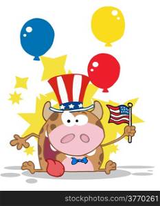 Patriotic Calf Cartoon Character Waving An American Flag On Independence Day