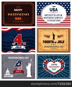 Patriotic holiday celebrated on 4th of July vector illustration set of greeting cards with memorials, posters dedicated to Independence day of America. Patriotic Holiday Celebrated on 4th of July Vector