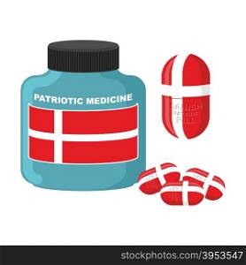 Patriotic medicine in Denmark. Pills with Danish flag. Vector illustration. Bottle with pills.&#xA;