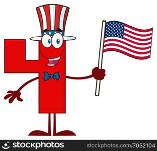 Patriotic Red Number Four Cartoon Mascot Character Wearing A USA Hat And Waving An American Flag