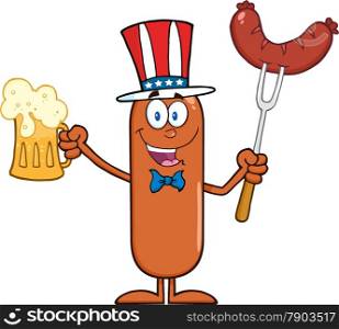 Patriotic Sausage Cartoon Character Holding A Beer And Weenie On A Fork