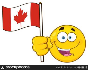 Patriotic Yellow Cartoon Emoji Face Character Waving An Canadian Flag. Illustration Isolated On White Background
