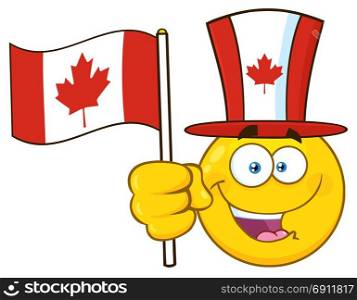 Patriotic Yellow Cartoon Emoji Face Character Wearing A Maple Leaf Top Hat Waving Canadian Flag