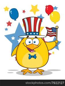 Patriotic Yellow Chick Cartoon Character Waving An American Flag On Independence Day