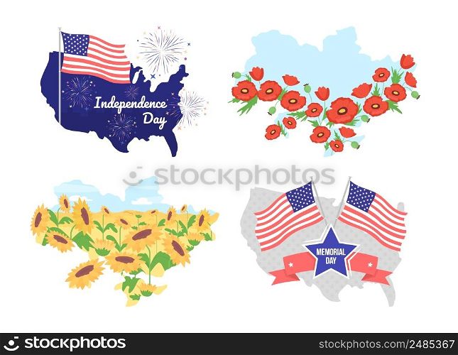 Patriotism 2D vector isolated illustrations set. Nations flat objects on cartoon background. Holiday colourful scenes for mobile, website, presentation pack. Pacifico Regular, Bebas Neue fonts used. Patriotism 2D vector isolated illustrations set