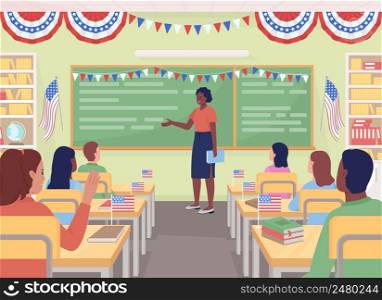 Patriotism lesson in American school flat color vector illustration. Teacher talking to students about Independence day. July fourth holiday 2D simple cartoon characters with interior on background. Patriotism lesson in American school flat color vector illustration