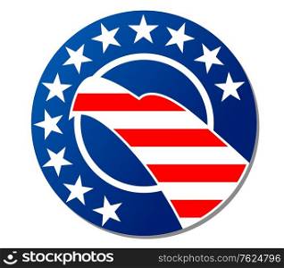 Patriotoc American emblem or badge with a stars and stripes pattern of the national flag and the head of an eagle inside a circular frame to celebrate the 4th July isolated on white. Patriotoc American emblem or badge