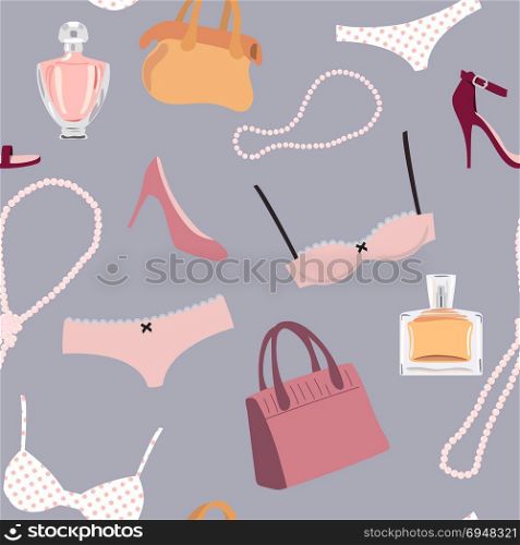 patterb woman accessory. Seamless pattern woman accessory. Shoes, perfume, lingerie pearl necklace bags