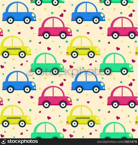 Pattern baby cars of different colors on a creamy background, vector illustration. Cute vehicles are driving. Template for wallpaper, fabric, packaging and design.. Pattern baby cars of different colors on a creamy background, vector illustration.