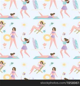 Pattern background with cute and funny vacation girls,summer and tropical seamless texture,female characters on beach,trendy style vector illustration