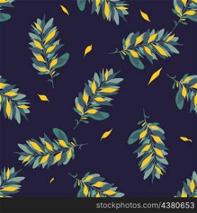 Pattern, beautiful abstract branch with leaves of different shades and gold inserts, seamless background, vector