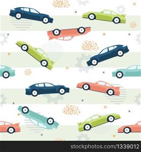 Pattern Chaotic ?ars White Background Gray Stripes. Seamless Vector Flat Style Illustration, Chaotic Cars and Other Automotive Elements Pastel Colors. Kids Design, Website, Packing, Textile, Fabric. Pattern Chaotic ?ars White Background Gray Stripes