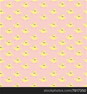 Pattern composed of repeating small yellow chick on pink background