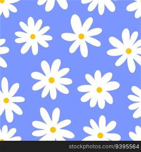 Pattern daisy. Simple flower print. White chamomile on blue seamless background, spring flowers repeat fabric texture, doodle bloom flat wallpaper. Vector illustration. Seasonal plant blossom. Pattern daisy. Simple flower print. White chamomile on blue seamless background, spring flowers repeat fabric texture, doodle bloom flat wallpaper. Vector illustration