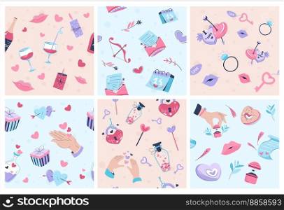 Pattern decoration with romantic celebration. Decorative background with couple wine glasses, flowers, candles and hearts, vector illustration. Valentine date elements at seamless banner collection. Pattern decoration with romantic celebration