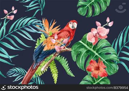 Pattern design with palms and monstera, foliage watercolor vector illustration design template.