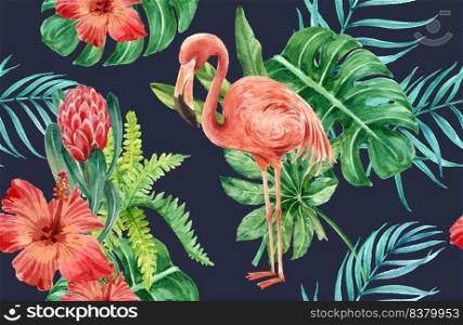 Pattern design with tropical theme, flamingo with foliage watercolor vector illustration template.