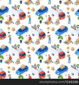 Pattern Easy Moving Vector Illustration Isometric. Uniformed Transportation Staff Carry Cardboard Boxes. Loading Household Items and Household Appliances. Man and Woman are Happy with Move.