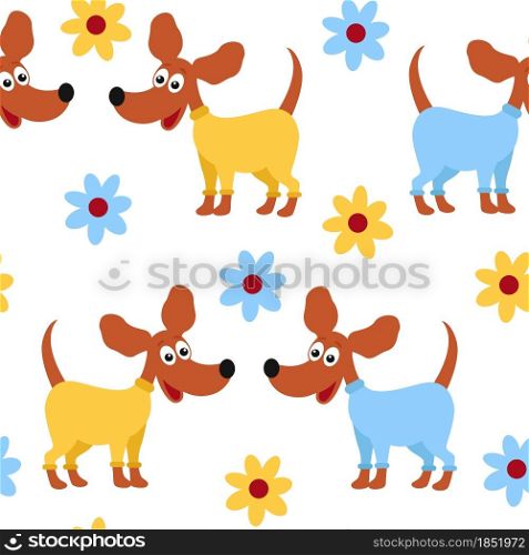 Pattern enamored dogs with flowers, vector illustration. Male and female dogs look at each other. Background with pets and flowers. Wallpaper dogs in clothes.. Pattern enamored dogs with flowers, vector illustration.