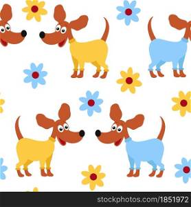 Pattern enamored dogs with flowers, vector illustration. Male and female dogs look at each other. Background with pets and flowers. Wallpaper dogs in clothes.. Pattern enamored dogs with flowers, vector illustration.