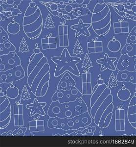 Pattern in hand draw style. Blue Seamless vector pattern with Christmas tree decorations, gifts. New Year&rsquo;s Holidays. Can be used for fabric, packaging and etc. Seamless vector pattern. Christmas tree decorations. Pattern in hand draw style