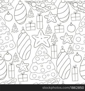 Pattern in hand draw style. Coloring Seamless vector pattern with Christmas tree decorations, gifts. New Year&rsquo;s Holidays. Can be used for fabric, packaging and etc. Seamless vector pattern. Christmas tree decorations. Pattern in hand draw style