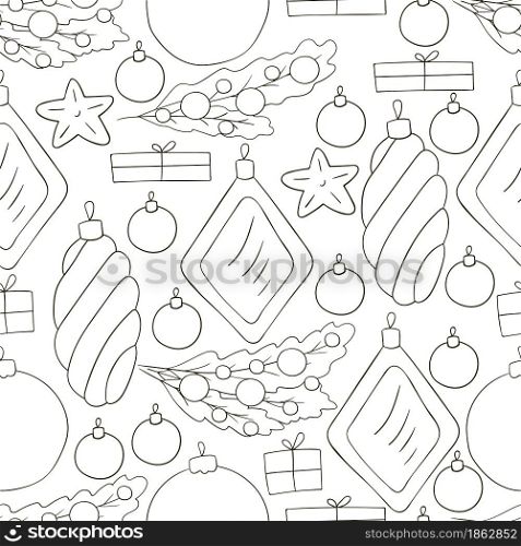 Pattern in hand draw style. Coloring Seamless vector pattern with stars, Christmas tree decorations. Can be used for fabric, wrapping and etc. Seamless vector pattern. Christmas tree decorations. Pattern in hand draw style