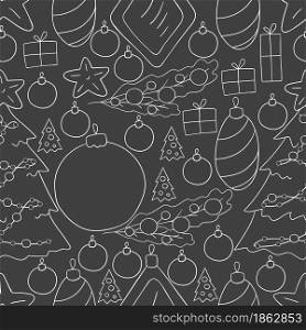 Pattern in hand draw style. Grey Seamless vector pattern with Christmas tree decorations, gifts. New Year. Seamless vector pattern. Christmas tree decorations. Pattern in hand draw style