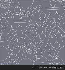 Pattern in hand draw style. Grey Seamless vector pattern with stars, Christmas tree decorations. Can be used for fabric, wrapping and etc. Seamless vector pattern. Christmas tree decorations. Pattern in hand draw style