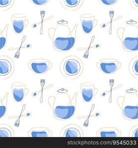 Pattern kitchenware cooking dishes blue color with teapot mug plate fork spoon in doodle style.