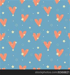 Pattern Love and Passion. Shiny gold stars and pink hearts on blue background. Valentines Day background. 