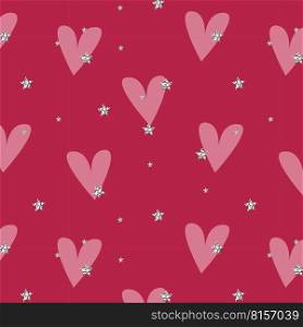 Pattern Love and Passion Viva Magenta color of the year 2023. Shiny gold stars and pink hearts. Valentines Day, Wedding.