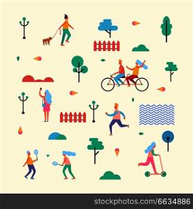 Pattern Made of characters that walk with dog, ride bicycle and scooter, do selfie, jog in morning, play badminton among trees vector illustration.. Pattern Made of Minimalistic Characters on Walk