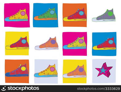 Pattern made of cool hand-drawn sport shoes in different colors. Vector illustration