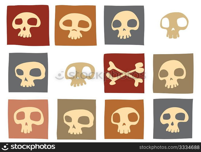 Pattern made of funny skulls and bones in different colors. Vector illustration