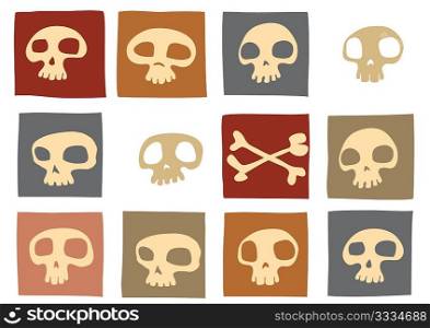 Pattern made of funny skulls and bones in different colors. Vector illustration