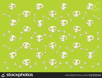 pattern made of funny skulls and bones on bright green background. Vector illustration