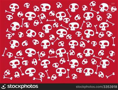 Pattern made of funny skulls and bones on bright red background. Vector illustration