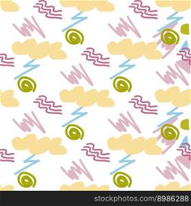 Pattern of abstract geometric shapes spring colors. Vector flat illustration. Seamless pattern. Packaging design. Clouds, waves, lightning, strokes, spirals.. Pattern of abstract geometric shapes spring colors