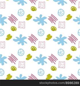 Pattern of abstract geometric shapes spring colors. Vector flat illustration. Seamless pattern. Packaging design. Squares, blots, strokes. Pattern of abstract geometric shapes spring colors