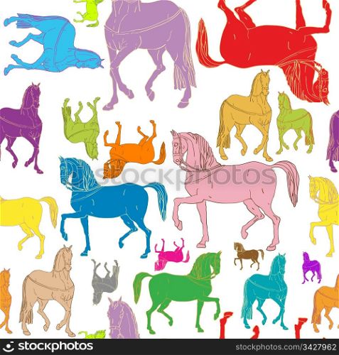 pattern of colored horses silhouettes, doodle drawing isolated on white