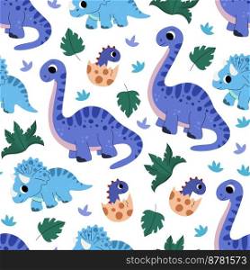 Pattern of cute baby jurassic dinosaurs, egg, palm leaf, grass for kids. Childish prehistoric dino paleontology. Brontosaurus, triceratops. Cartoon vector.